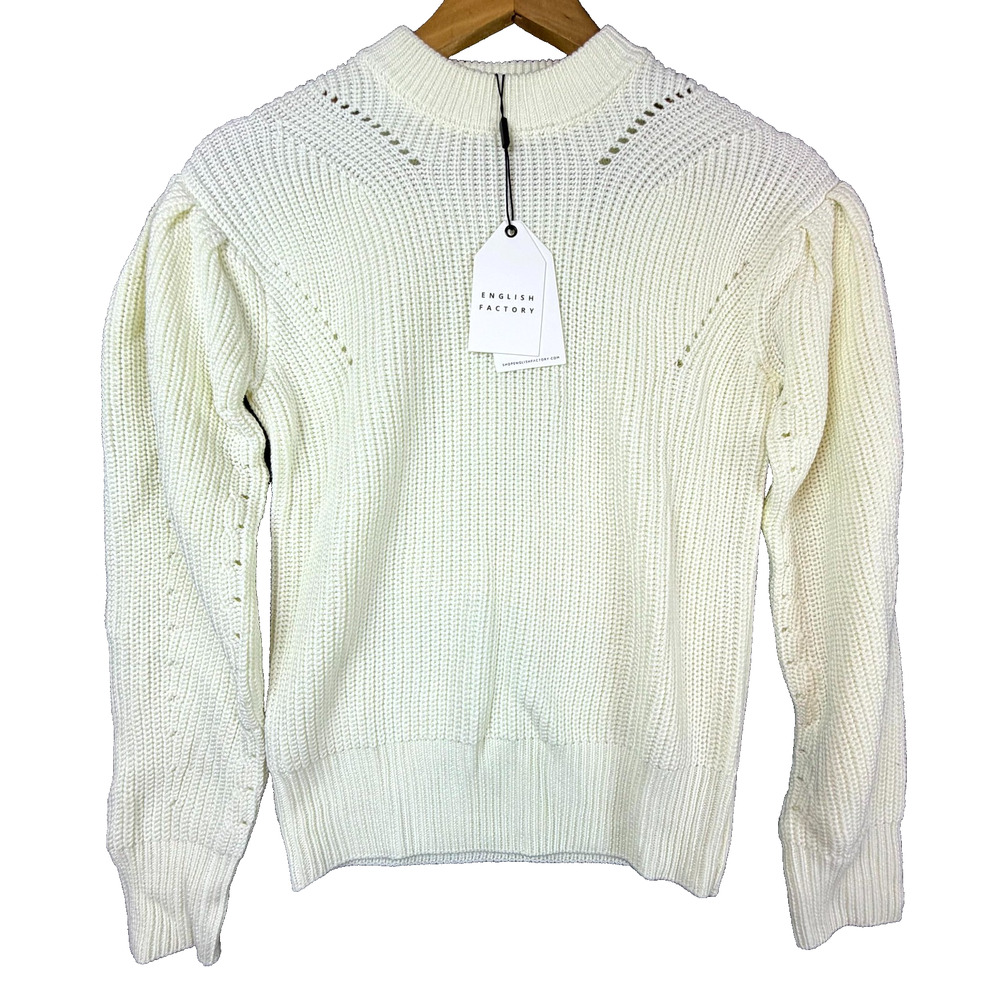 English Factory Sweater Womens XS Ivory Ribbed Preppy Boho Apres Ski Lightweight